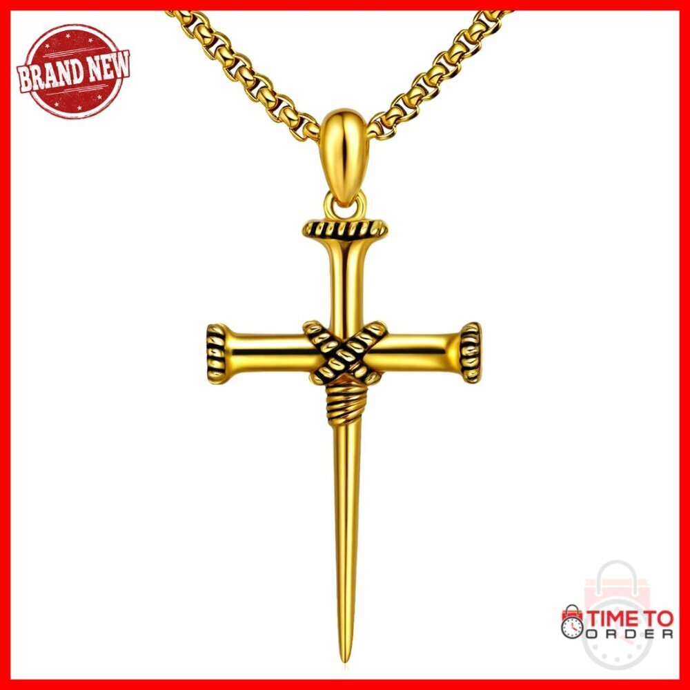 Stainless Steel Three Nail Cross Pendant Necklace for Men 22+2 Inch